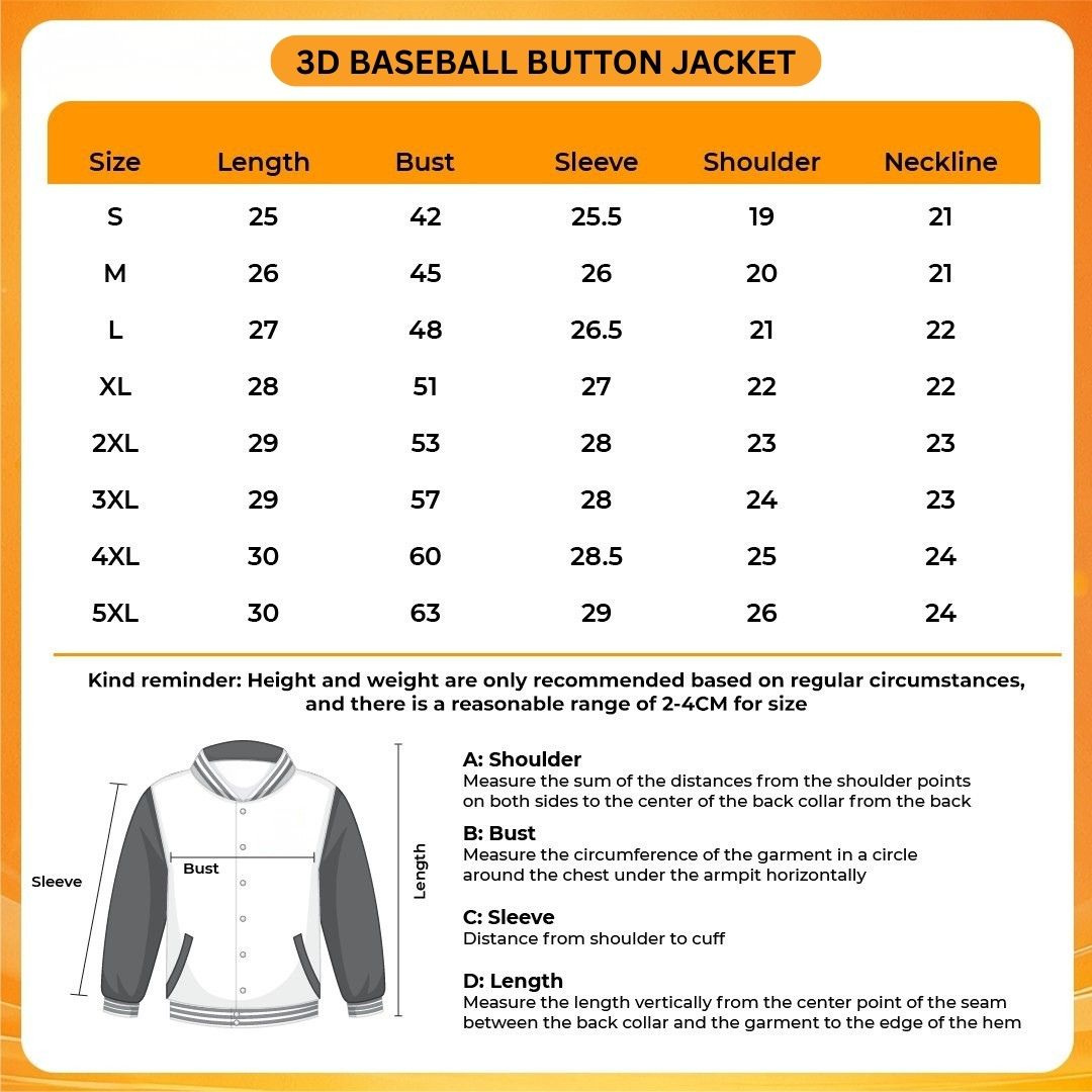 3D Baseball Button Jacket Size Chart 1 - Attack On Titan EU Store