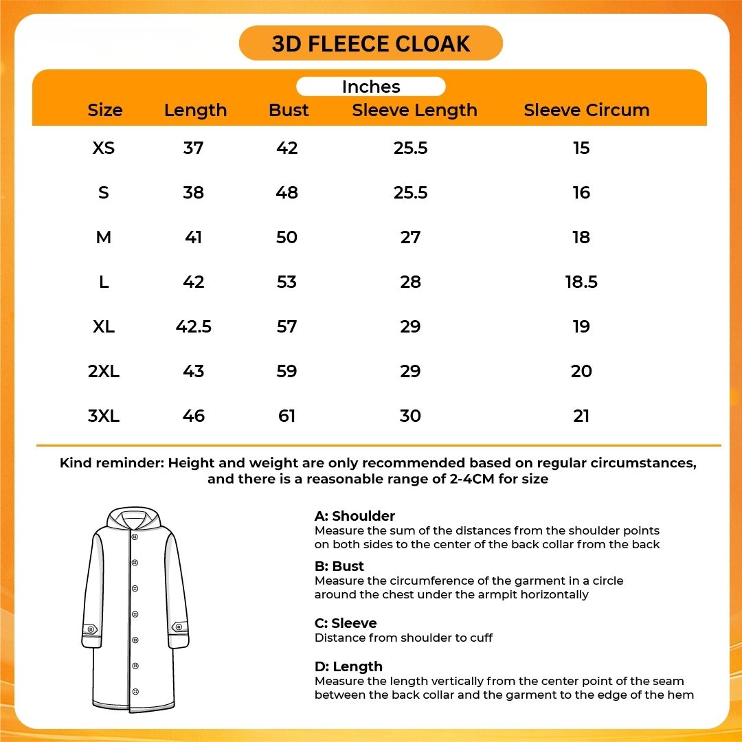 3D Fleece Cloak Size Chart - Attack On Titan EU Store