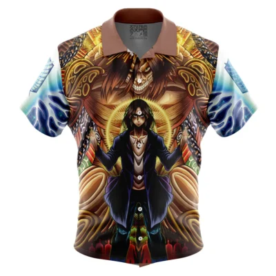Trippy Eren Yeager Timeskip Attack on Titan Button Up Hawaiian Shirt
